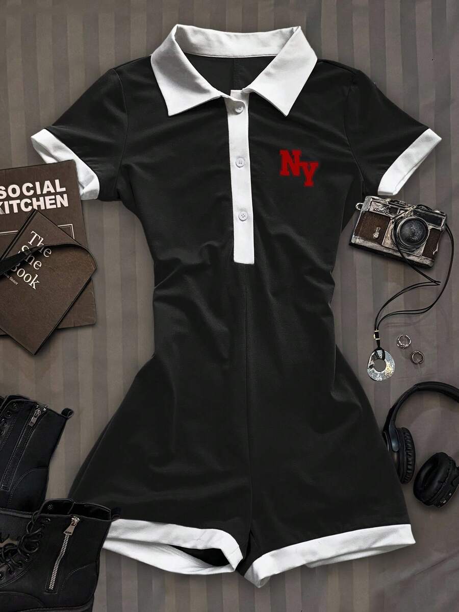Attitoon 休闲简约学院风 Polo 领撞色黑白 NY 红色字母印花图案女式连体裤,适合初秋穿着,百搭风格,复古风、性感风、可爱风、Y2K 椰子女孩波西米亚嬉皮风、音乐节风,适合春季穿着。 - 黑色 - 查看 1