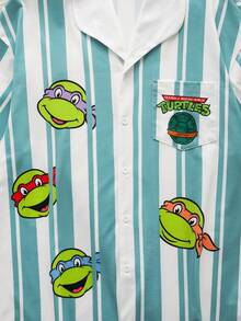 TEENAGE MUTANT NINJA TURTLES | SHEIN Bộ đồ ngủ nam in hình hoạt hình kẻ sọc gồm áo và quần short - Màu xanh Bạc hà - Xem 4