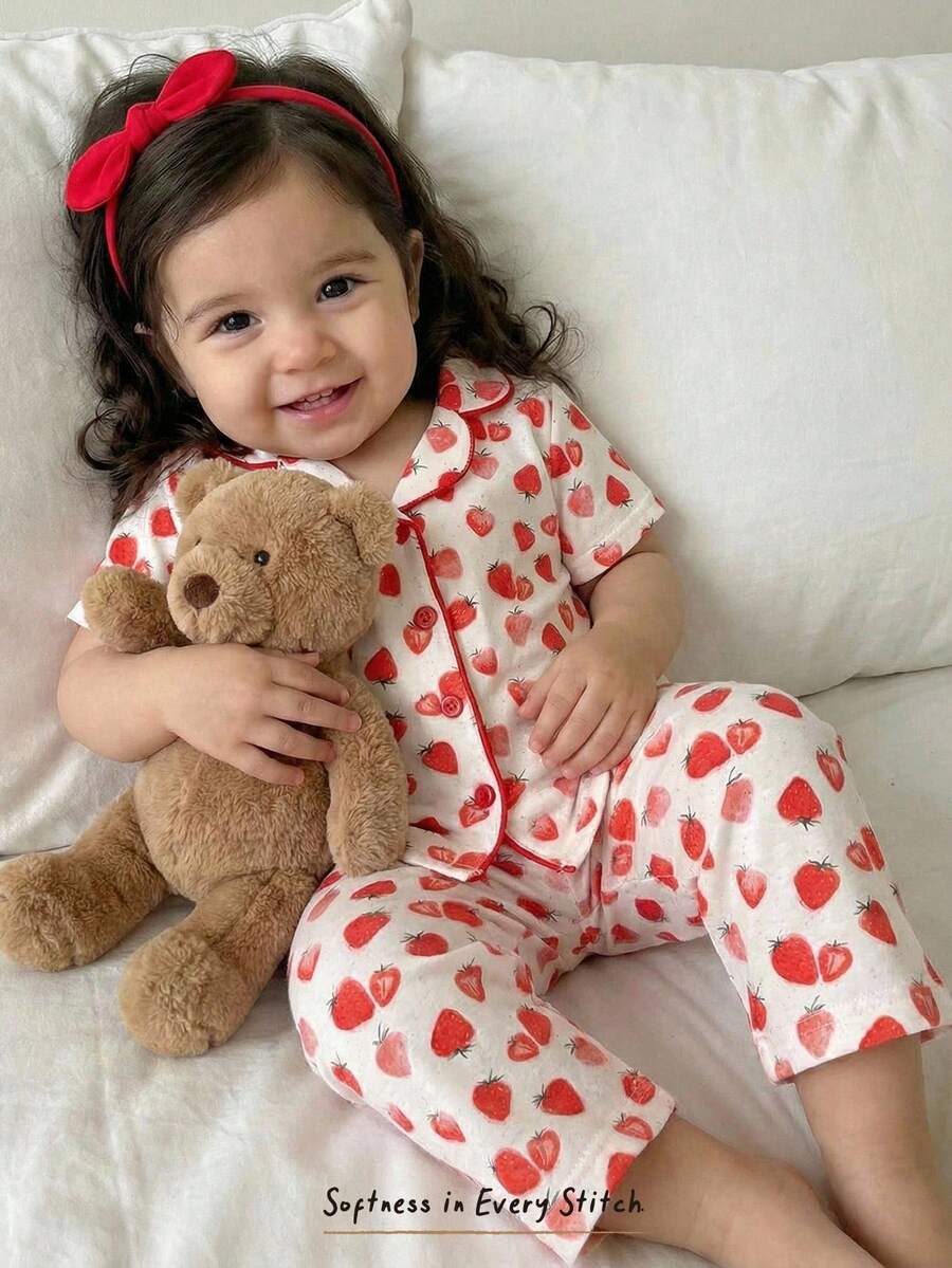 Cozy Pixies 2件套女婴草莓印花翻领长袖开衫和松紧腰裤套装 - 紅色 - 查看 1