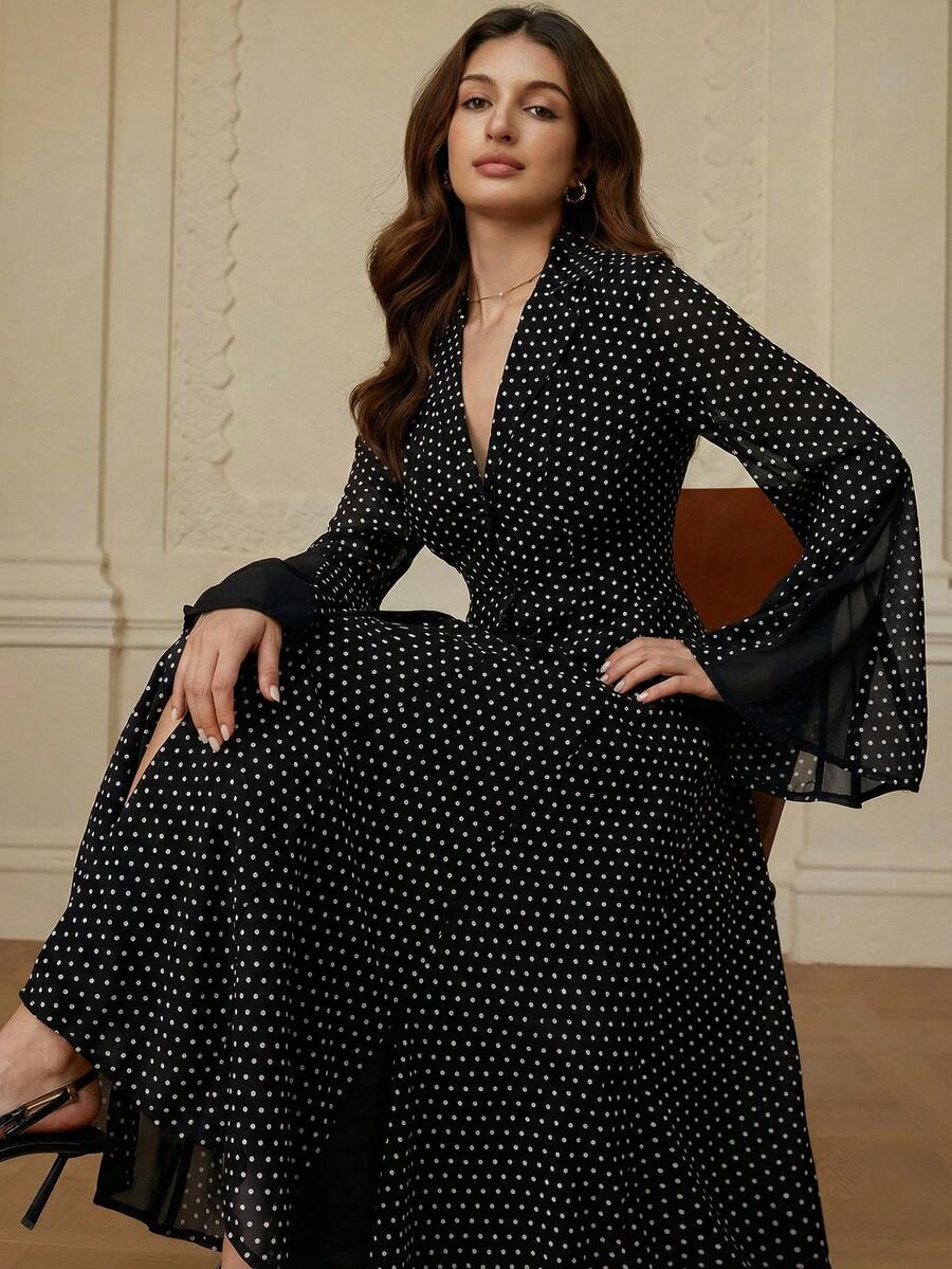 Aveloria Rosie 惊艳的咖啡色翻领单排扣腰部开衩长袖A字衬衫裙，女士款 - 黑色 - 查看 1