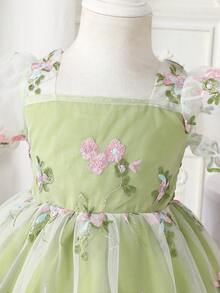 SHEIN Glamorique Kids Baby Girl Green Summer Elegant Princess Floral Mesh Puff Sleeve Dress For Toddlers Flower Girl Party Flower Embroidery Dress - Olive Green - View 3