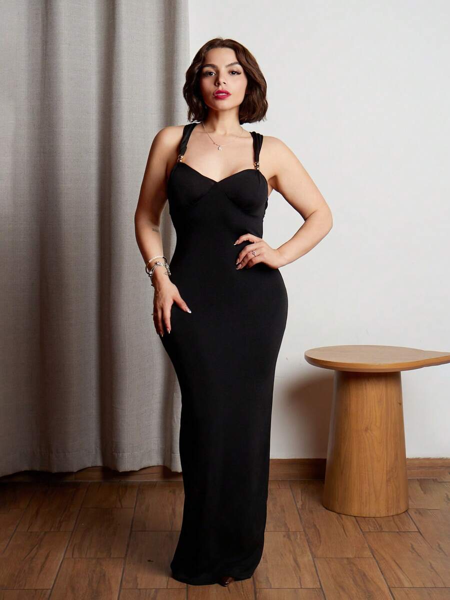 Lupita Cardoza Women's Sexy Elegant Black Bodycon Dress, Sexy Backless Metal Beaded Strap Design Slip Dress, Red Formal Gown Suitable For Date, Gathering, Birthday, Party, Banquet, Prom, Formal Occasion Long Black Dress Tight Long Dress Sexy Long Dress Bodycon Maxi Dress,Dresses For Women Elegant,Dresses For Women Elegant,Black Dress - Black - View 1