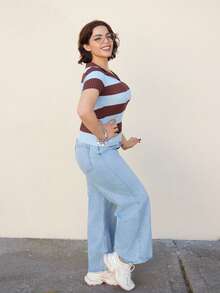 Lupita Cardoza 撞色条纹 Polo 领针织上衣，法式街头风格，短袖夏季衬衫 - 咖啡棕 - 查看 6