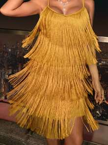 Aveloria Rosie Đầm hai dây viền tua rua, đầm dự tiệc ngày lễ - Màu vàng - Xem 3