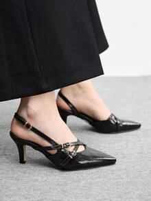CUCCOO BIZCHIC Women's Pointed Toe Buckle Design Elegant Fashion High Heel Pumps - Shining Night Black - View 6