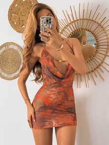 EgrlEra 街头风女式网纱透视性感V领无袖露背吊带迷你连衣裙，夏季 - 橘色 - 查看 5