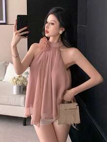 SHEIN K-Vae Elegante blusa de verano con cuello halter y flores 3D - Rosa coral - Ver 1