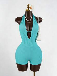 SaltGleam SaltGleam 女士深V领露背系带性感紧身纹理面料连体裤，春夏款 - 薄荷綠 - 查看 1