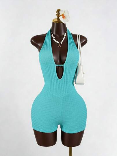 SaltGleam SaltGleam 女士深V领露背系带性感紧身纹理面料连体裤，春夏款