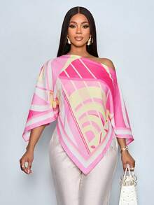 SOLERSUN 女士春夏休闲优雅杏色印花不对称领口不对称下摆衬衫，露肩开衩袖设计，宽松时尚。几何花卉印花蝙蝠袖，全新百搭款式。适合春夏穿着，日常通勤及外出活动皆宜。 - 粉色 - 查看 6