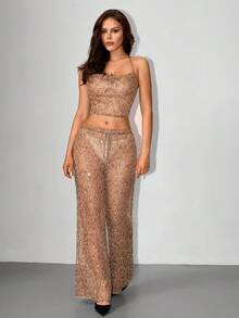 SHEIN ICON Y2k 女式米色沙滩度假外出派对科切拉俱乐部嬉皮风沙滩装时尚性感亮片镂空针织裤，夏季 - 卡其色 - 查看 5