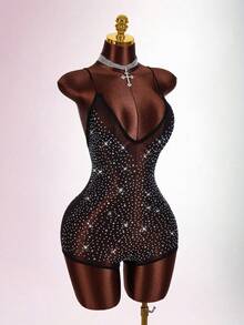 Amplova 2026 New V-Neck Rhinestone Embellished Jumpsuit For Women - Black - View 7