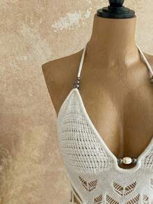 Soleia Đầm dệt kim màu trơn dành cho nữ, kiểu cổ yếm, lưng hở, khoét eo, gợi cảm, thích hợp cho kỳ nghỉ và hẹn hò. - trắng - Xem 3