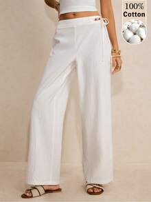 Poéselle Quần ống rộng màu trắng 100% cotton, quần hè cạp cao, kiểu dáng suông thoải mái, thanh lịch dành cho nữ, quần trắng trơn cạp chun thoải mái phù hợp mặc hàng ngày, quần kiểu Pháp, quần đi biển trắng mới năm 2026, quần trắng nữ, quần ống rộng trắng, quần trắng nữ, quần vải lanh trắng. - trắng - Xem 2