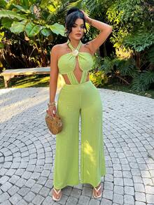 SHEIN SXY Women's Vacation Casual Backless Halter Jumpsuit - Black - View 5