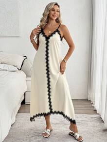 Louniche Standard Size Women's Casual Vacation Dress With Contrast Color Lace Trim And A-Line Silhouette, Spring/Summer - Apricot - View 4