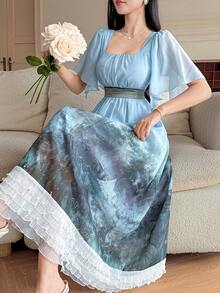 DAZY Women's Elegant Sexy Landscape Print Ruffle Hem Dress, Summer Sun Dresses For Women Golf White - Green - View 7