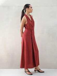 KSTM Women's Halter Wrap Maxi Dress With Deep V-Neck Cinched Waist Rust Orange Tiered Sleeveless Summer Evening Party Dress - Burgundy - View 3
