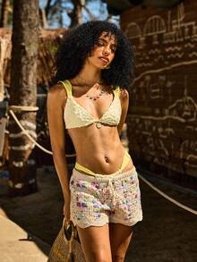 Swim MOD 2-Piece Floral Textured Fabric Thick Strap Triangle Top And Bikini Bottoms Sexy Women Swimsuit Set, Spring/Summer - Light Yellow - View 3