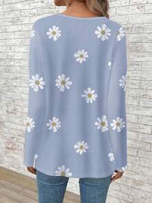 EMERY ROSE Plus Size Women V-Neck Long Sleeve Loose T-Shirt - Blue - View 2