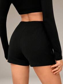 SHEIN Tall Quần short trơn màu, kiểu dáng thường ngày, đa năng, có thể xắn gấu. - màu đen - Xem 2