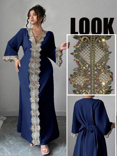 Elenzga فستان طويل فاخر وأنيق للنساء ذوات الأحجام الكبيرة، مناسب للربيع والصيف، بتصميم كلاسيكي رجعي مميز مع تطريز دانتيل، مناسب للارتداء اليومي والسفر والرحلات الخارجية، بأكمام طويلة وطراز أنثوي أنيق وأنيق