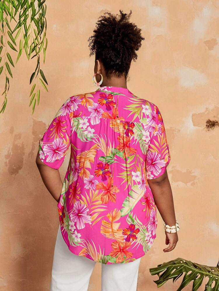 Plus Size Women's Pink Floral Tropical Plant Print Notched-Neck Roll Up Sleeve Blouse Tunic Top,Summer,Boho,Vacation,Holiday Hawaiian Shirt Work Wear