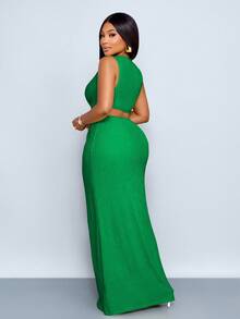 Plus Size Women's Spring And Summer Solid Color Textured Fabric Waist Hollow Twist High Slit Sexy Long Dress, Beach Vacation - Green - View 2