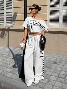 Muchica 女士休闲字母印花套装 - 白色 - 查看 1