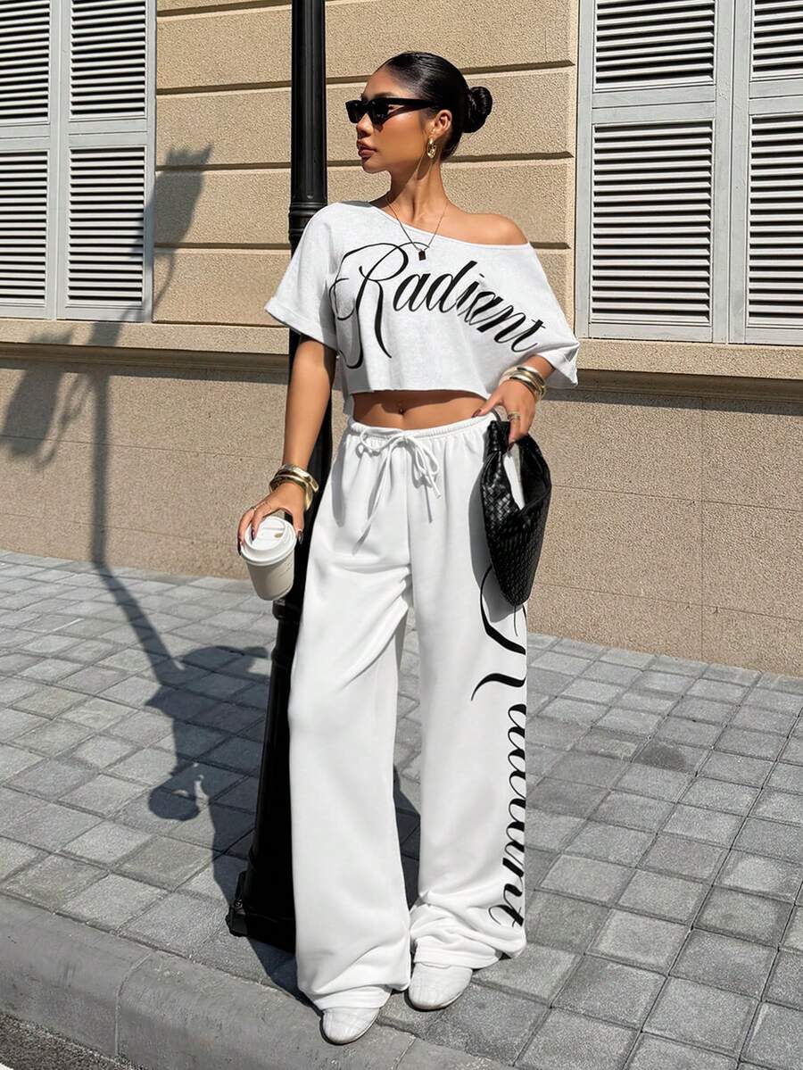 Muchica 女士休闲字母印花套装 - 白色 - 查看 1