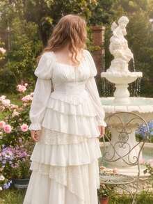 SHEIN MOD Plus Size Vintage Women'S Sweetheart Neckline Shirt With Ruffled Sleeves - White - View 5