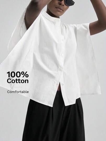 Ontre Áo sơ mi nữ chất liệu crepe de chine cao cấp, thoải mái và thân thiện với da, cổ bẻ, mở phía trước, thiết kế tay áo rộng, phong cách công sở hiện đại, thời trang thường ngày cao cấp, phong cách tối giản sang trọng, một món đồ thời trang thiết yếu đa năng, áo sơ mi nữ thuộc dòng sản phẩm đô thị đơn giản.