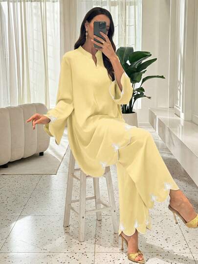 Lacomfia 女士V领刺绣宽松两件套，春夏款