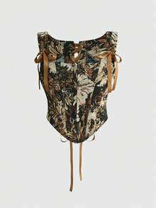 ROMWE Fairycore Top a bustier con laccio in tessuto jacquard floreale in stile retrò, romantico e cottagecore per le donne - Castano - Visualizzare 1