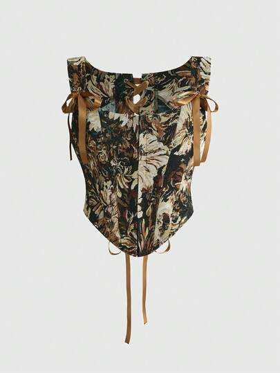 ROMWE Fairycore Top corset con lazo de tela jacquard con estampado floral estilo retro romántico cottage core para mujer