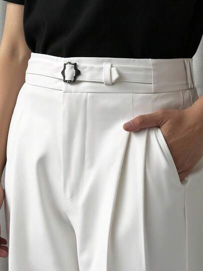 Manfinity Mode Men's Double Pleated Trousers, Business Commute Formal Pants, Casual Suit Pants, Suitable For Business And Casual Wear, Double Pleated Buckle Design, Suitable As Gift For Husband, Boyfriend Or Relatives