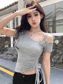 DAZY 夏季新款3D蝴蝶装饰修身性感女式T恤 - 灰色 - 查看 9