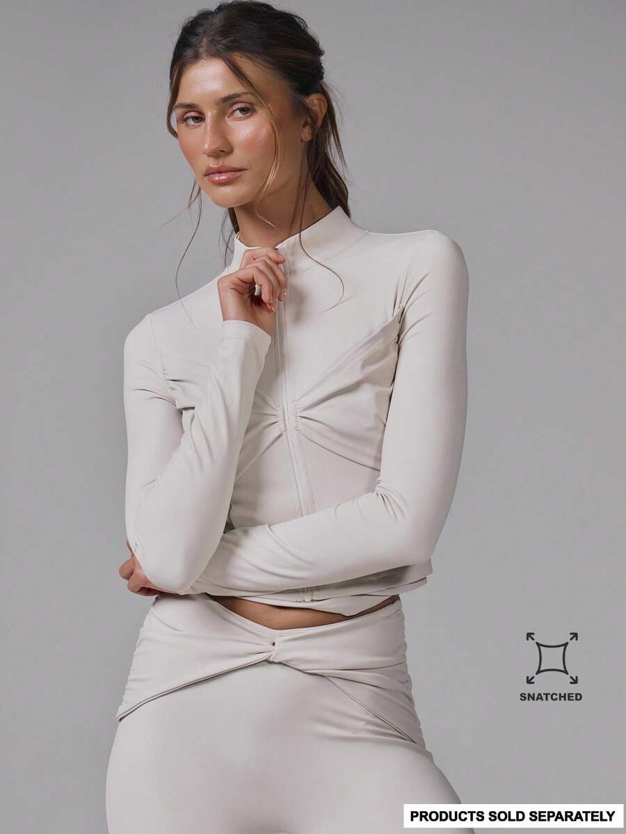 Musera Sport 扭结前襟 BBL 运动夹克 健身 健身房 普拉提 日常休闲 香蕉布丁 - 卡其色 - 查看 1