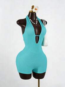 SaltGleam SaltGleam 女士深V领露背系带性感紧身纹理面料连体裤，春夏款 - 薄荷綠 - 查看 7