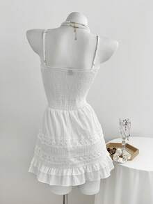 Elamini Sexy & Elegant Spaghetti Strap Deep V-Neck Lace Patchwork Cotton Mini Dress - White - View 2