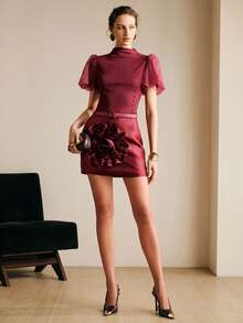 Arave Women Satin Texture Fabric Slim Fit H-Line Large Handmade Stereoscopic Rose Ruffled Design High Waist With Leather Metal Buckle Belt Elegant Party Evening Midi Skirt Elegant Party Dresses For Women Red Dress Wedding Guest Dress For Women - Burgundy - View 4