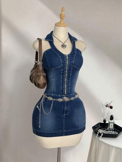 Elamini Women's Solid Color Zip-Up Backless Fitted Sleeveless Denim Dress