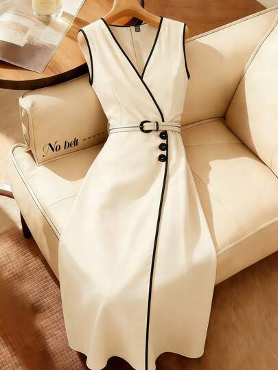 Franclia White V-Neck Sleeveless Dress With Black Trim And A Fitted Waist. The Fabric Drapes Beautifully, And The Slim Fit Accentuates Curves. Elegant And Sophisticated, Suitable For Parties And Commuting. Women's Apricot Dress, Fashionable Dress, Commuting Dress, Casual Everyday Versatile Dress, Women's Long Dress, Women's Fitted Dress, Women's Sleeveless Dress, Birthday Dress, Date Dress, Spring Dress, Women's Dress Outfits, Fashionable Casual Commuting Wear, Color-Blocked Dress, Business Office Wear.Graduation Season Attire, Fashionable Casual Commuter Wear, Business Office Wear, Versatile And Stylish Everyday Casual Wear, Urban Teacher's Professional Attire