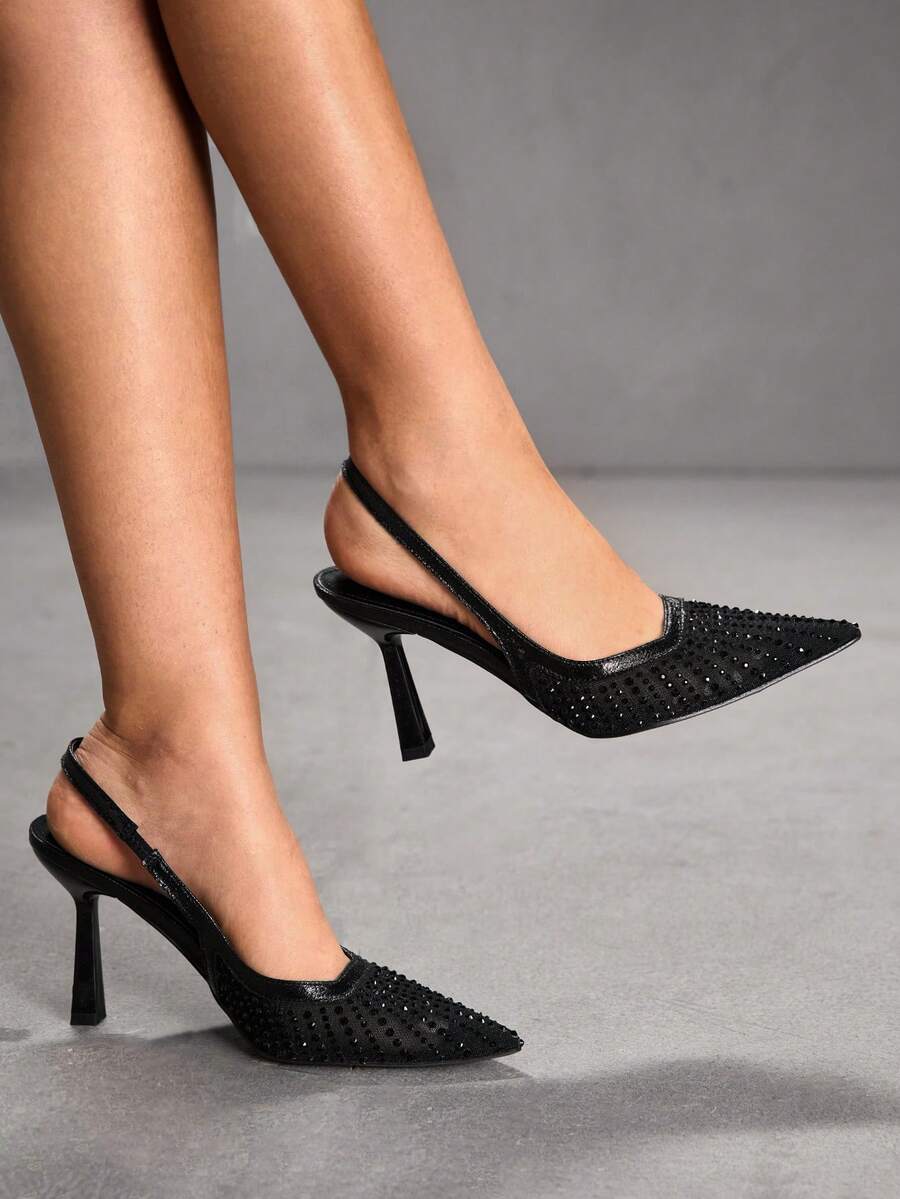 CUCCOO SZL Tacones altos de punta fina para mujer, con malla negra, adornados con rhinestones, de estilo glamoroso y sexy para fiestas y ocasiones especiales, con correa para el tobillo - Negro 1 - Ver 1
