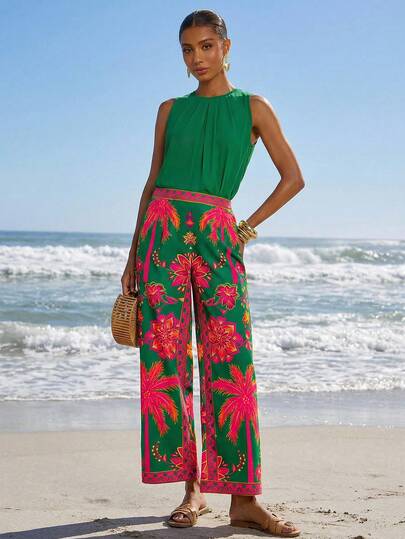 Amorya Conjunto de 2 piezas de mujer con top de unicolor elegante y pantalones largos con estampado floral, adecuado para vacaciones, playa y múltiples ocasiones