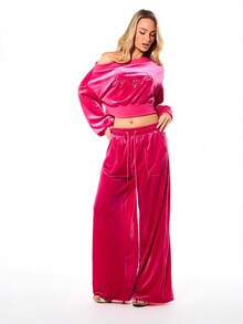 BABYPHAT 亮粉色露肩丝绒卫衣，饰有水钻文字，质地奢华柔软，适合秋冬女士休闲穿着 - 粉色 - 查看 3