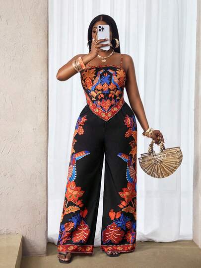 BamGleam 波西米亚风意大利吊带露脐上衣，不规则下摆，印花图案，搭配松紧腰阔腿裤，复古热带鸟类图案休闲度假装，宽松夏季派对两件套女装