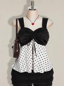 SHEIN ICON 大码女式缎面拼接黑白波点吊带背心 - 黑與白 - 查看 4