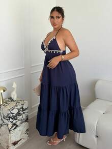 Maria Perezxox 女式贝壳边饰腰部系带挂脖中长连衣裙 - 藏蓝色 - 查看 4