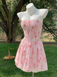 Comfortcana Women's Floral Print Strapless Backless Mini Dress, Vacation Style - Baby Pink - View 1